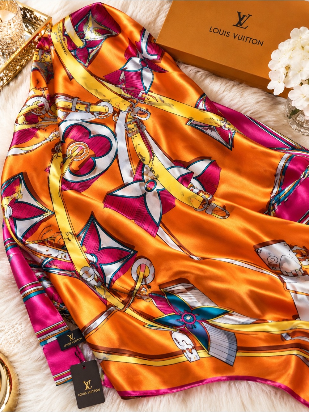 Source Unknown Orange Satin Scarf with Pink and Yellow Accents